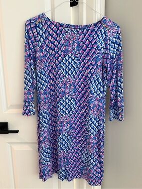 Lilly Pulitzer Blue and Pink Geometric Floral Shift Dress